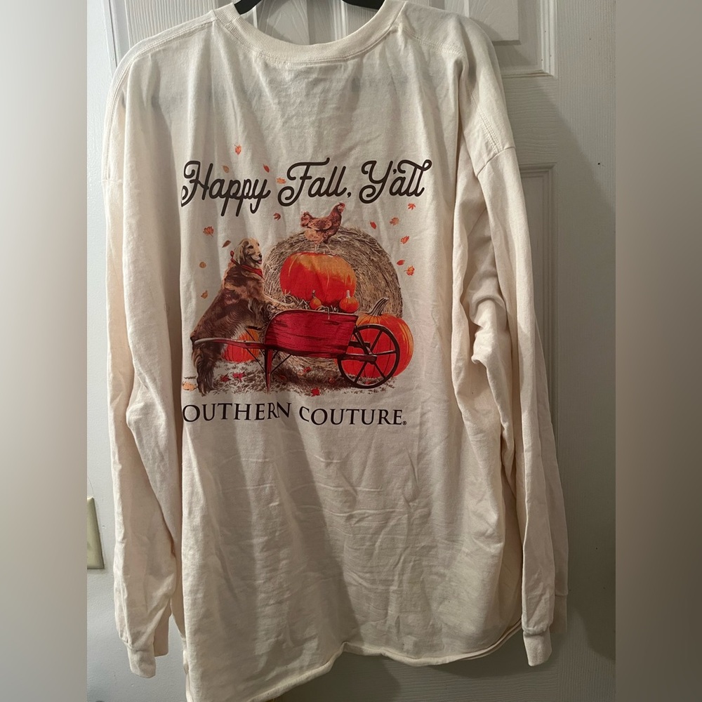 3X Gildan Cream Long Sleeve Tee with Fall Graphic